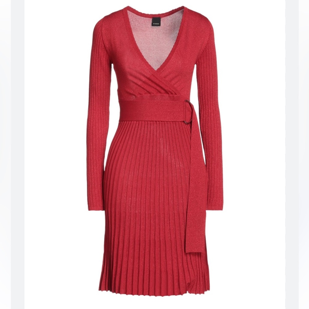 Pinko lame knit lurex fit and flare pleated belted dress red